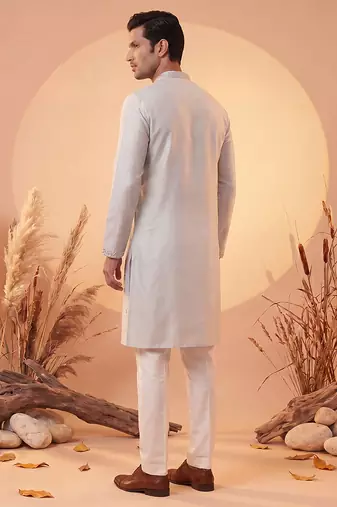 Mens grey silk blend solid emboidered sequins kurta