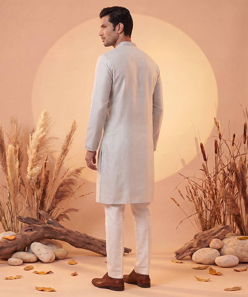 Mens grey silk blend solid emboidered sequins kurta