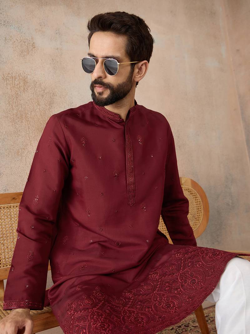 Mens maroon silk blend solid emboidered straight kurta