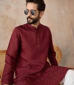 Mens maroon silk blend solid emboidered straight kurta