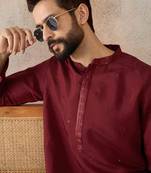 Mens maroon silk blend solid emboidered straight kurta