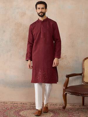 Mens maroon silk blend solid emboidered straight kurta 2