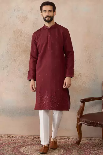 Mens maroon silk blend solid emboidered straight kurta