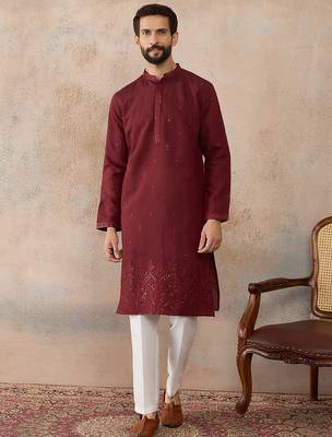 Mens maroon silk blend solid emboidered straight kurta 2