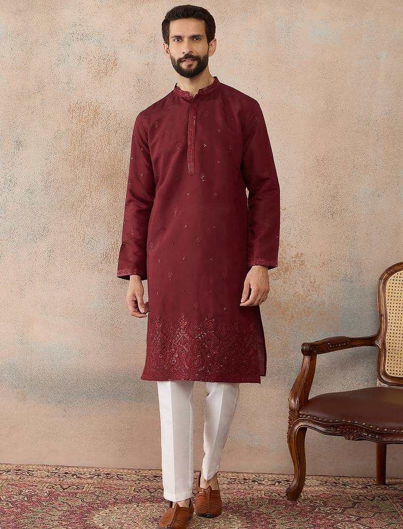 Mens maroon silk blend solid emboidered straight kurta