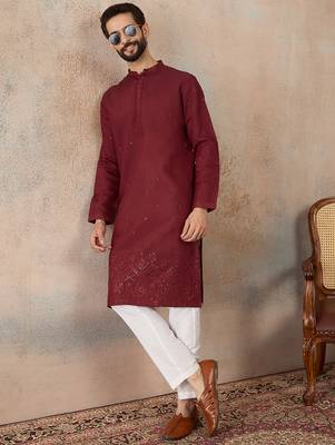 Mens maroon silk blend solid emboidered straight kurta 3
