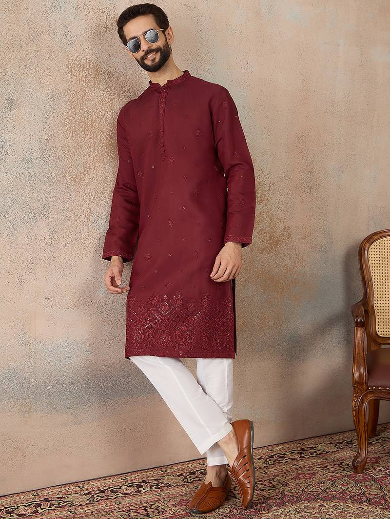 Mens maroon silk blend solid emboidered straight kurta