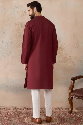 Mens maroon silk blend solid emboidered straight kurta
