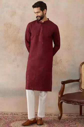 Mens maroon silk blend solid emboidered straight kurta