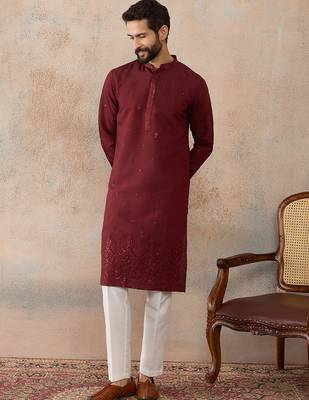 Mens maroon silk blend solid emboidered straight kurta 5