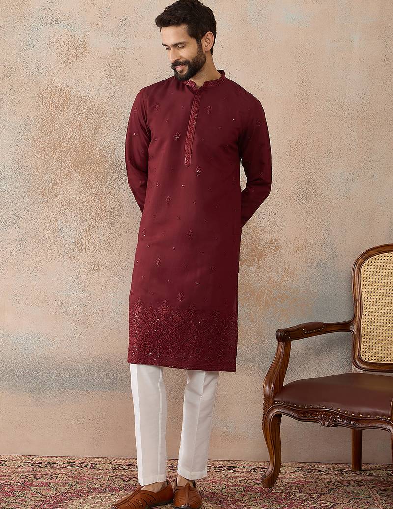 Mens maroon silk blend solid emboidered straight kurta