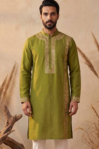 Mens green silk blend solid emboidered straight kurta