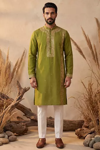 Mens green silk blend solid emboidered straight kurta