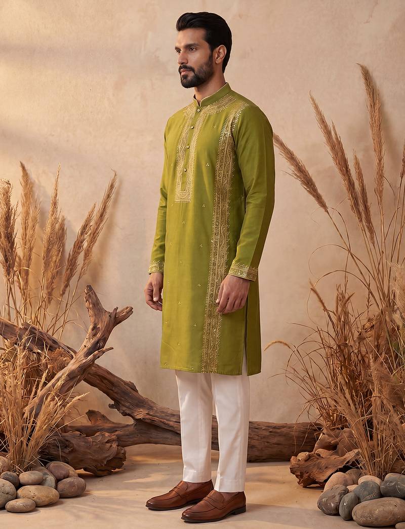 Mens green silk blend solid emboidered straight kurta