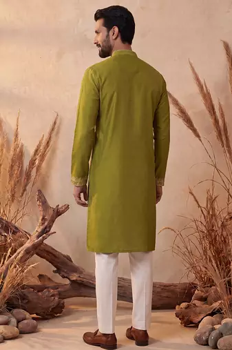 Mens green silk blend solid emboidered straight kurta