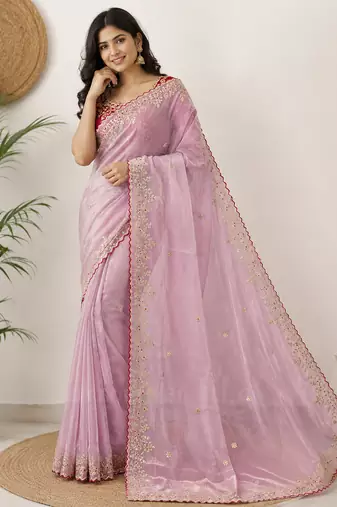Pink Color Embroidery Sequence Work with Rich Floral Border Silk Blend Saree