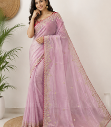 Pink Color Embroidery Sequence Work with Rich Floral Border Silk Blend Saree