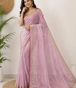 Pink Color Embroidery Sequence Work with Rich Floral Border Silk Blend Saree