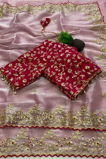 Pink Color Embroidery Sequence Work with Rich Floral Border Silk Blend Saree