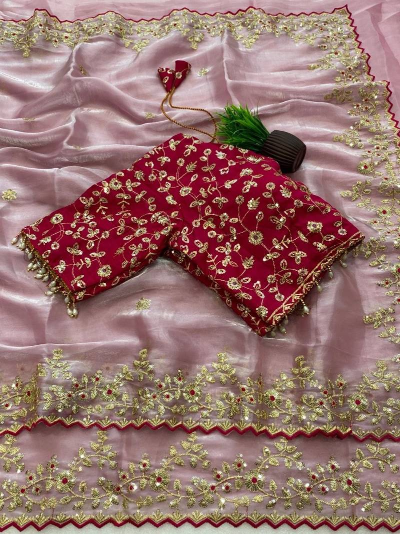 Pink Color Embroidery Sequence Work with Rich Floral Border Silk Blend Saree