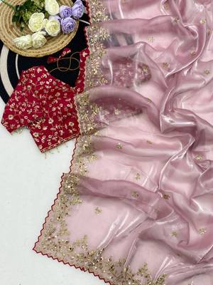 Pink Color Embroidery Sequence Work with Rich Floral Border Silk Blend Saree 3