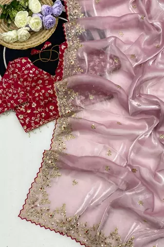 Pink Color Embroidery Sequence Work with Rich Floral Border Silk Blend Saree