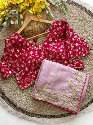Pink Color Embroidery Sequence Work with Rich Floral Border Silk Blend Saree 4