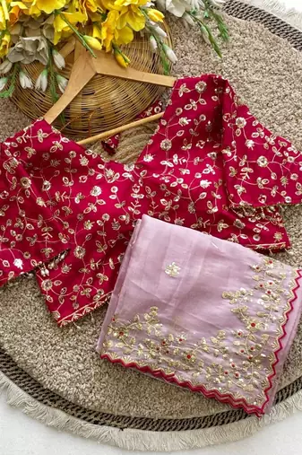 Pink Color Embroidery Sequence Work with Rich Floral Border Silk Blend Saree