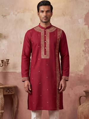 Mens red silk blend solid emboidered straight kurta 1