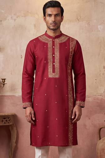 Mens red silk blend solid emboidered straight kurta