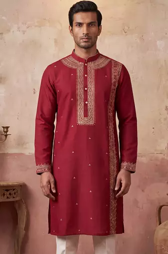 Mens red silk blend solid emboidered straight kurta
