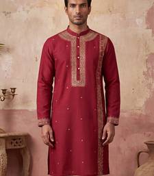 Mens red silk blend solid emboidered straight kurta
