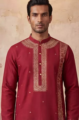 Mens red silk blend solid emboidered straight kurta