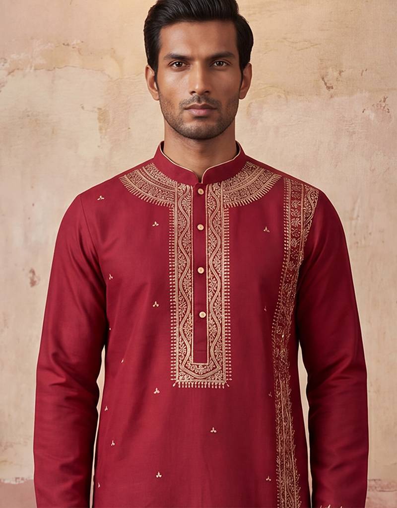 Mens red silk blend solid emboidered straight kurta