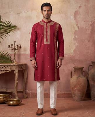 Mens red silk blend solid emboidered straight kurta 3