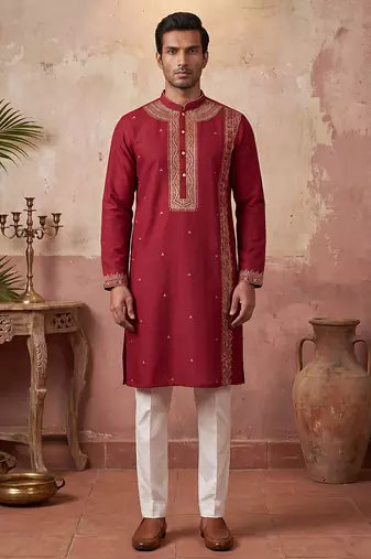 Mens red silk blend solid emboidered straight kurta