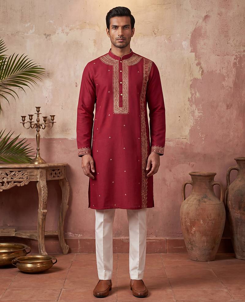 Mens red silk blend solid emboidered straight kurta