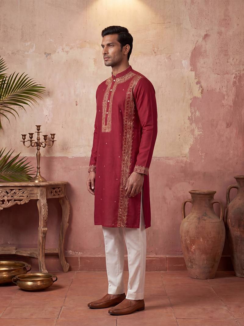 Mens red silk blend solid emboidered straight kurta