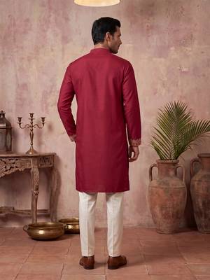 Mens red silk blend solid emboidered straight kurta 5