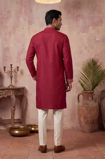 Mens red silk blend solid emboidered straight kurta