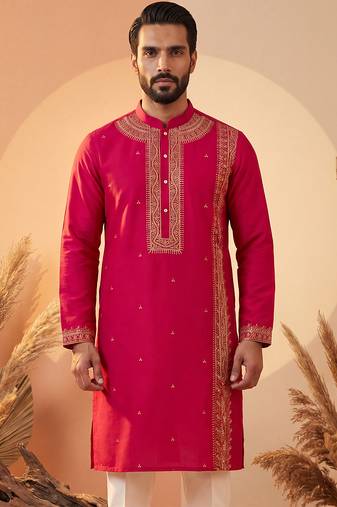 Mens pink silk blend solid emboidered straight kurta