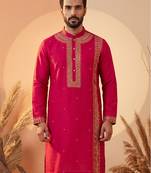 Mens pink silk blend solid emboidered straight kurta
