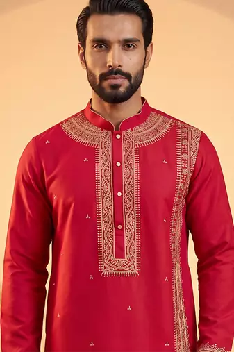 Mens pink silk blend solid emboidered straight kurta