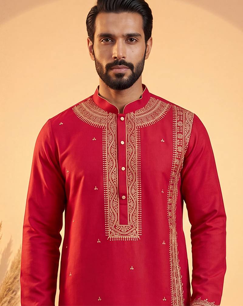 Mens pink silk blend solid emboidered straight kurta