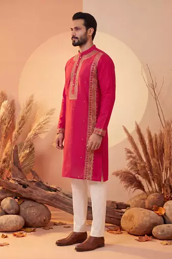 Mens pink silk blend solid emboidered straight kurta