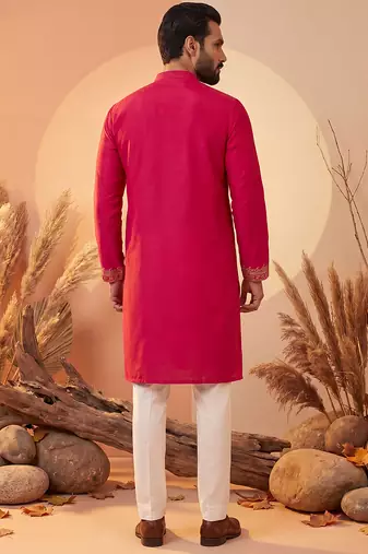 Mens pink silk blend solid emboidered straight kurta