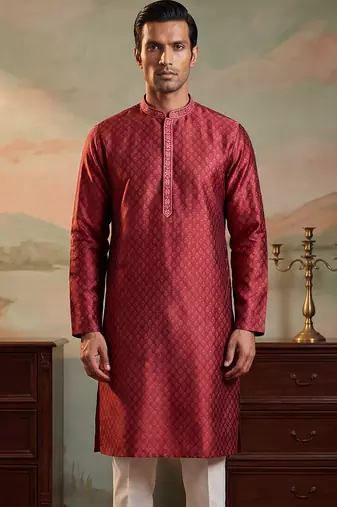 Mens maroon jacquard woven design straight kurta