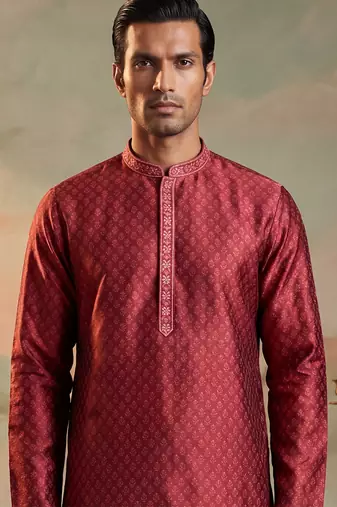 Mens maroon jacquard woven design straight kurta