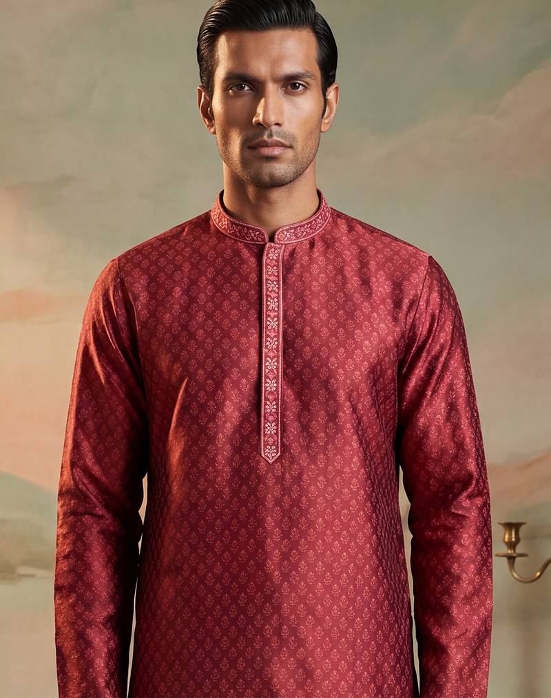 Mens maroon jacquard woven design straight kurta