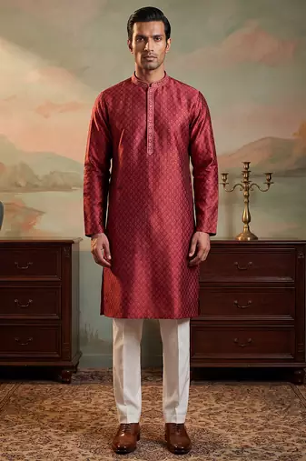 Mens maroon jacquard woven design straight kurta